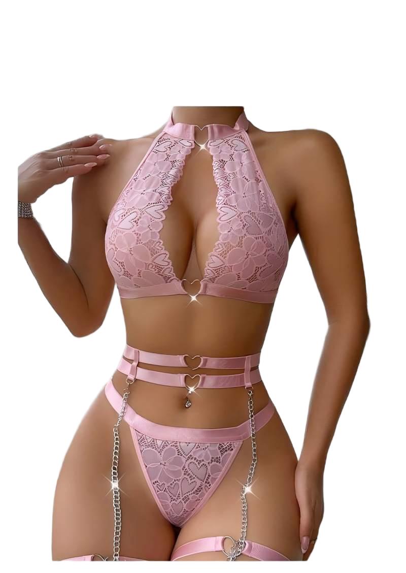 Underwire Bra Padded - Sexy Dessous-Set mit Push-up-Effekt, Spitzen-Strumpfhalter, Choker,